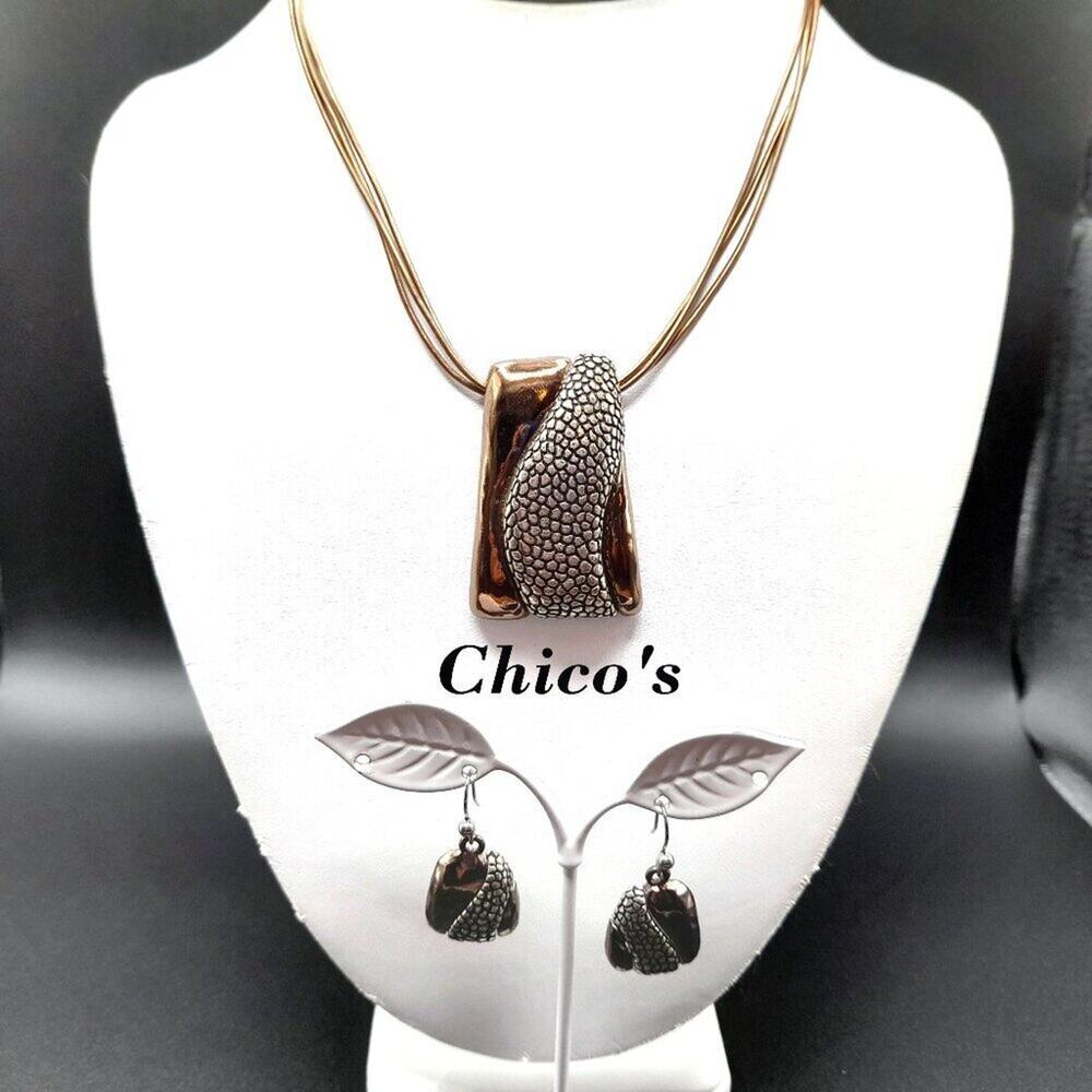 Chico's Bronze Silver Snake Pattern Necklace Earrings Set Statement Jewelry